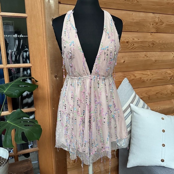 HELLO MOLLY Sequin Embellished Mini Party Dress Sz 4 Blush Pink Tulle Y2K Fairy - Picture 15 of 16